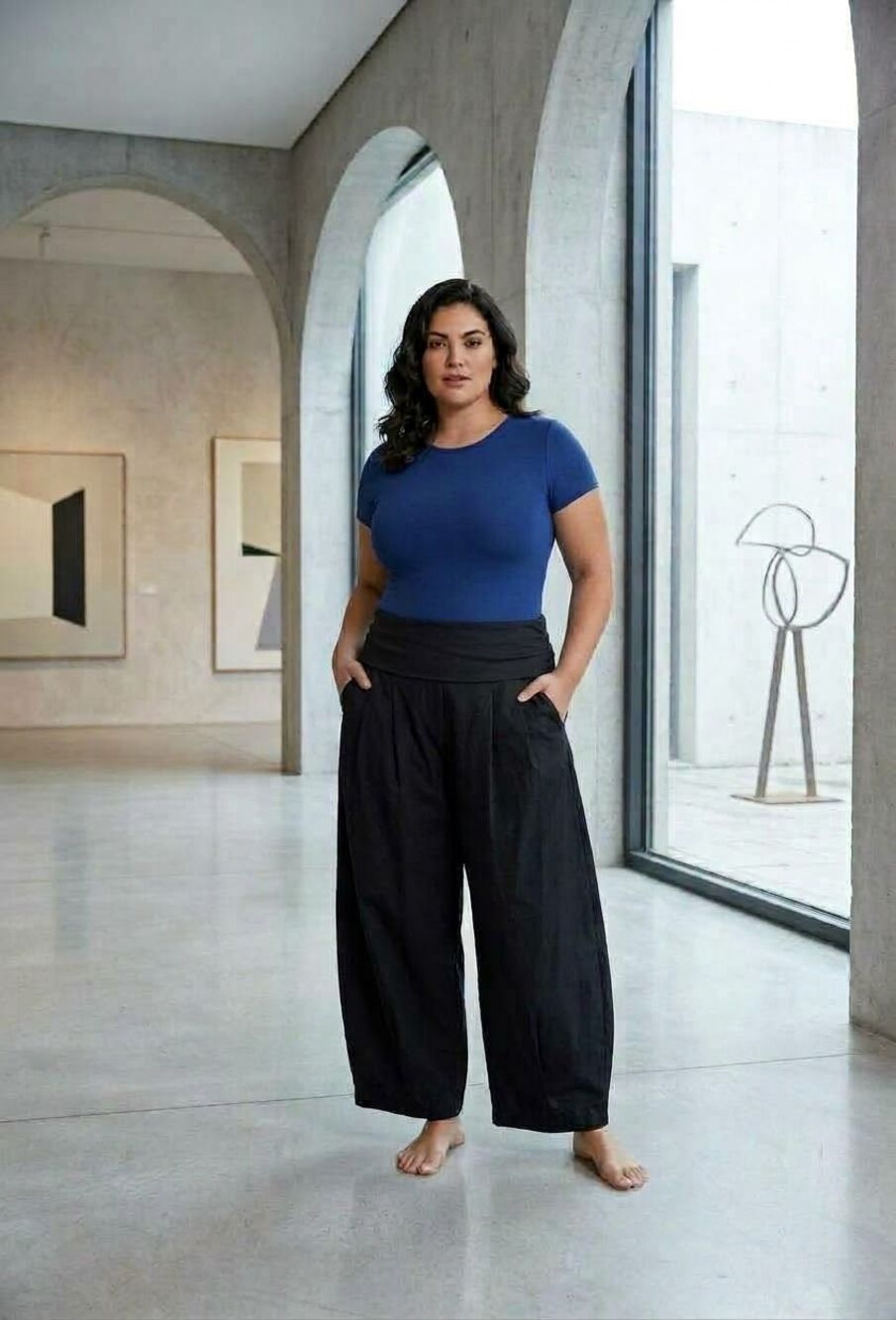 Versona Black Wide Leg Fold-Over High Waist Cotton Blend Pull-On Pants Size XL